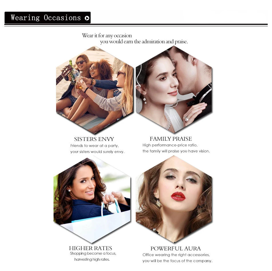 Promotional graphic for jewelry or accessories with four hexagonal sections showing people in various settings.