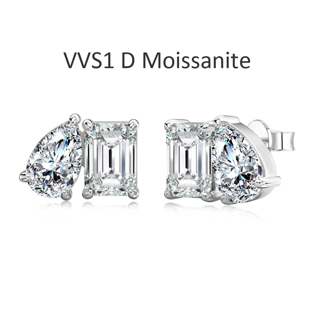 Pair of moissanite diamond stud earrings with 'VVS1 D Moissanite' text on a white background
