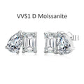 Pair of moissanite diamond stud earrings with 'VVS1 D Moissanite' text on a white background