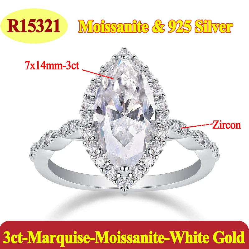 Silver ring with marquise-shaped gemstone labeled 'Moissanite & 925 Silver' on a white background.