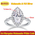 Silver ring with marquise-shaped gemstone labeled 'Moissanite & 925 Silver' on a white background.