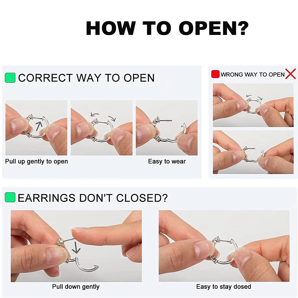 Instructions on how to open earrings correctly and incorrectly.