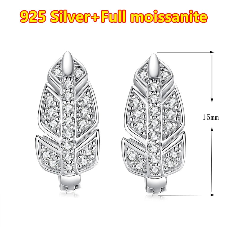 Silver leaf-shaped earrings with clear stones on a white background, labeled '925 Silver + Full moissanite'.