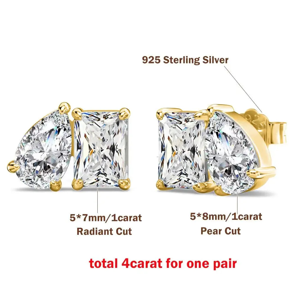 Gold earrings with clear gemstones, labeled as 925 Sterling Silver, 5*7mm/1carat Radiant Cut, and 5*8mm/1carat Pear Cut, on a white background.