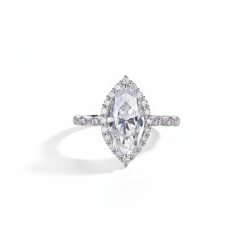 Moissanite diamond ring with a marquise-shaped center stone on a white background
