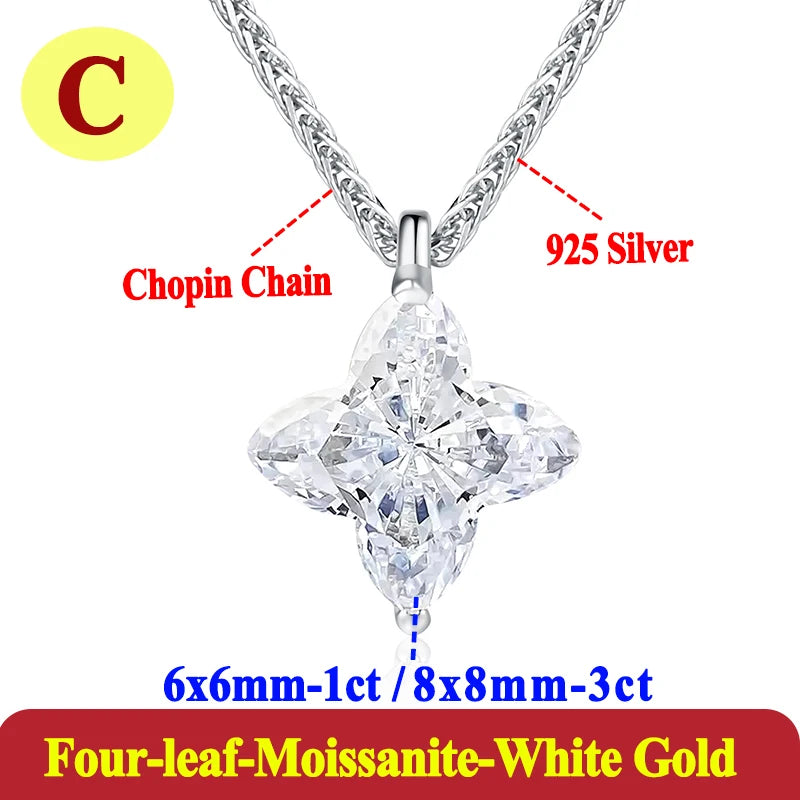 Moissanite diamond pendant on a Chopin Chain with 925 silver clasp, labeled with dimensions and material details.