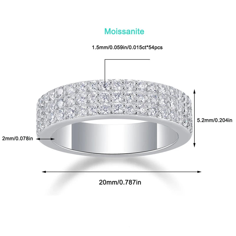 Silver ring with moissanite stones and measurements on a white background