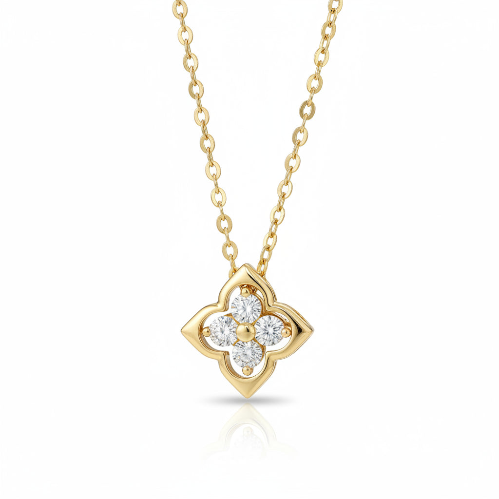 Gold necklace with a moissanite diamond pendant on a white background
