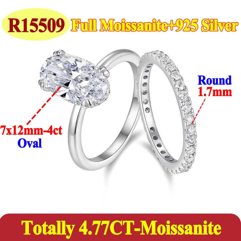 Two silver rings with oval moissanite gemstones on a white background.