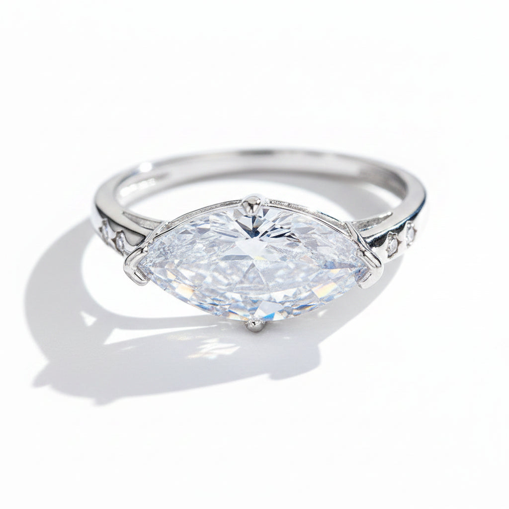 Moissanite ring on a white background