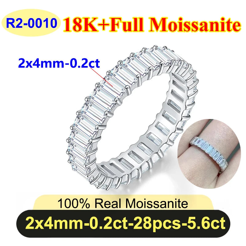 Silver ring with emerald-cut gemstones on a white background, featuring text about material and size.