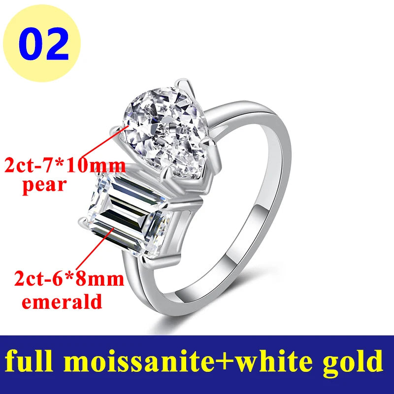 Moissanite ring with specifications labeled on a white background