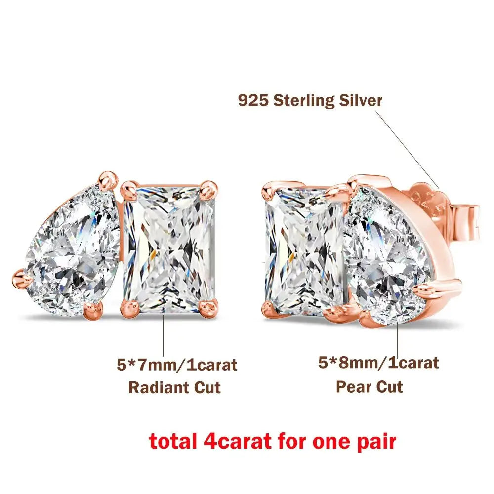 Rose gold earrings with moissanite stones on a white background