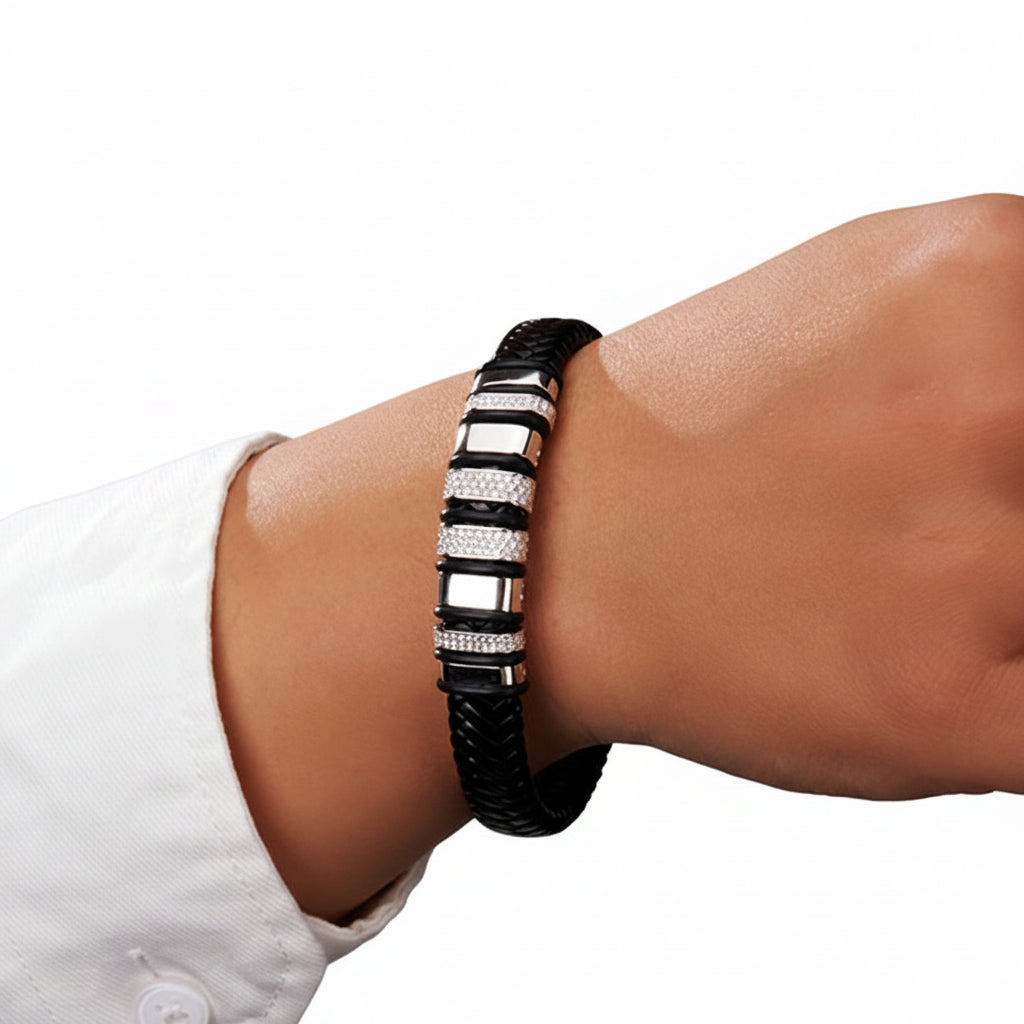 Black and silver beaded bracelet on a wrist 