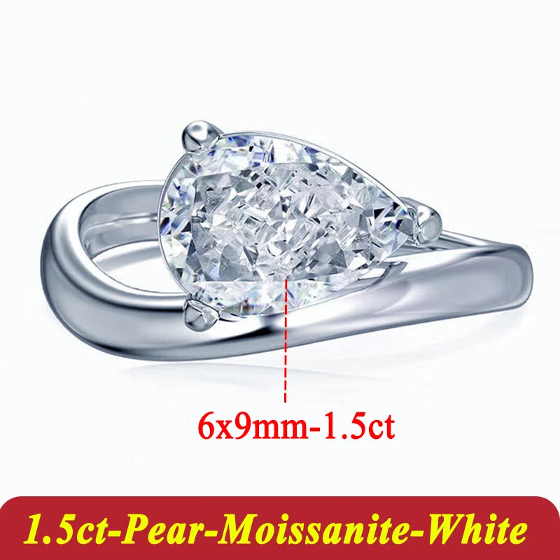 Silver ring with pear-shaped moissanite on a white background