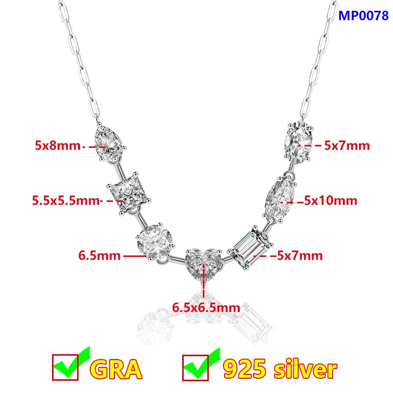 Silver necklace with gemstone measurements and 'GRA' and '925 silver' labels on a white background.