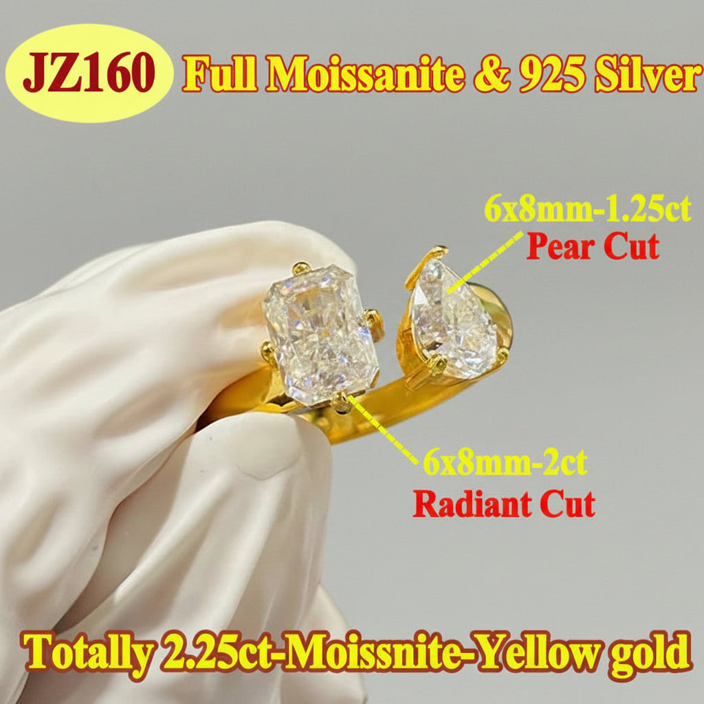 Gold earrings with moissanite stones on a white cloth, labeled with specifications.