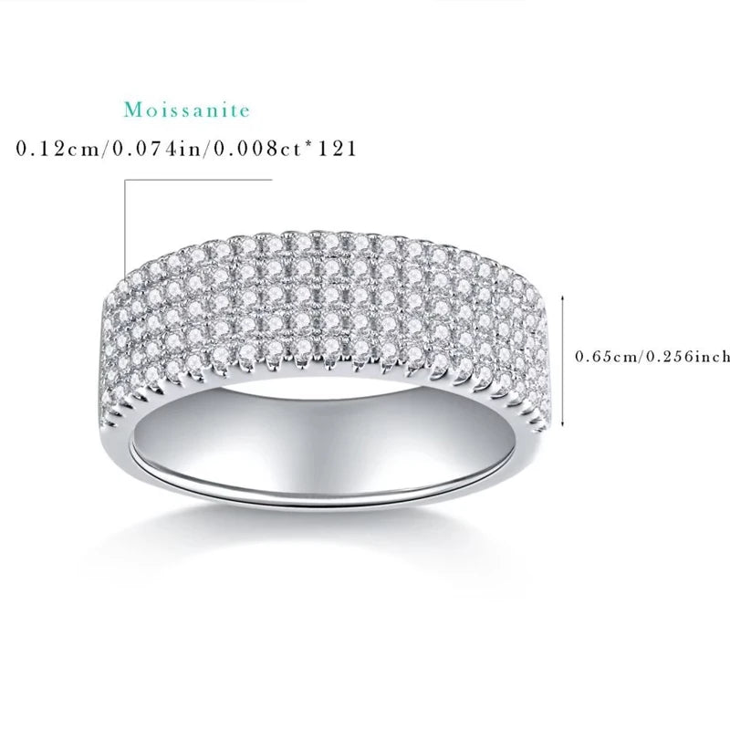 Silver ring with moissanite gemstones and measurements on a white background