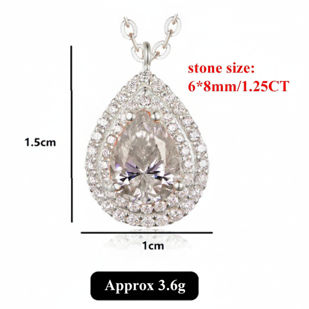 Teardrop-shaped moissanite pendant with size measurement on a white background