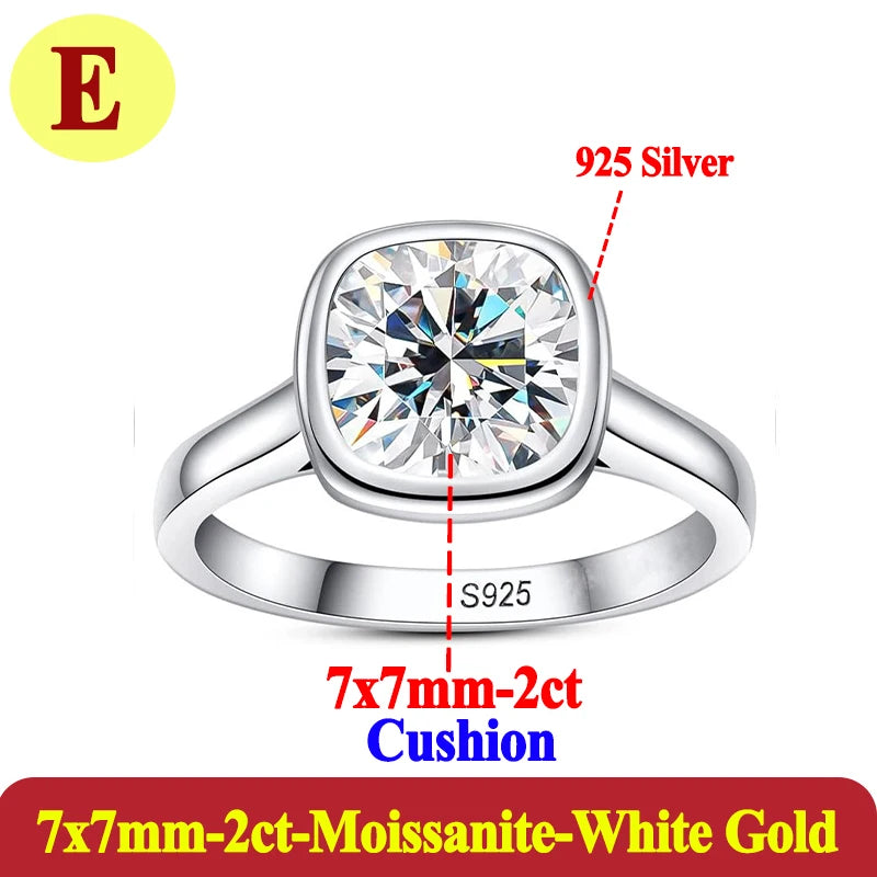 Silver ring with cushion-cut moissanite gemstone on a white background