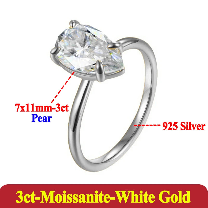 Silver ring with pear-shaped moissanite gemstone on a white background