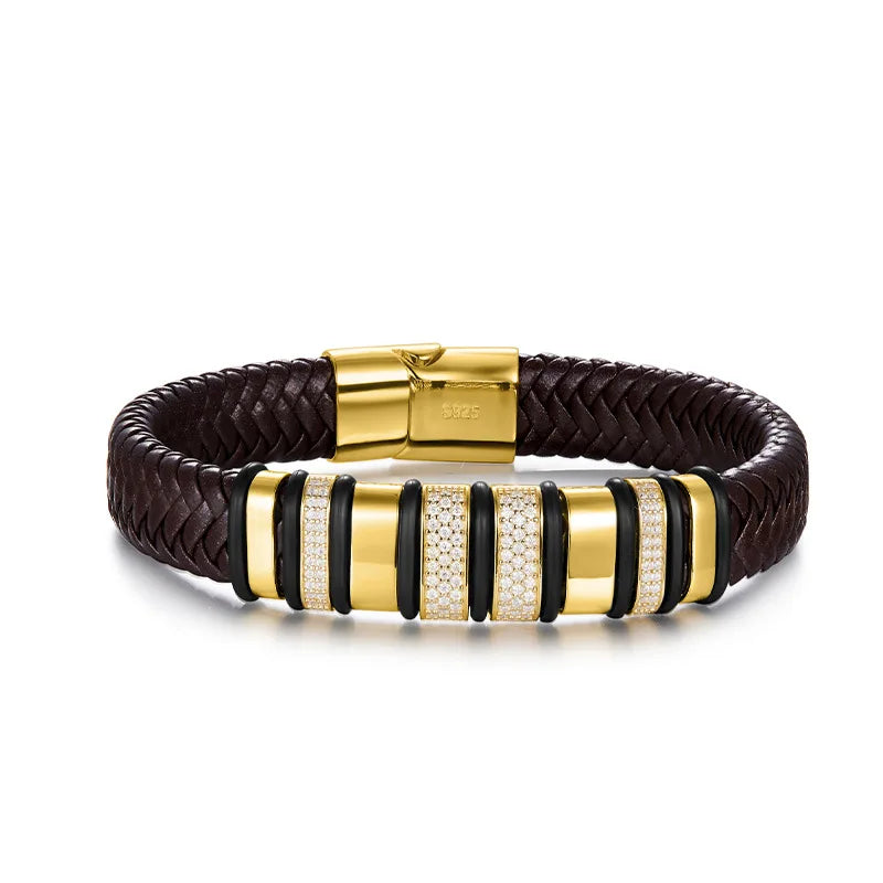 Bracelet with gold, moissanite, and black accents on a white background