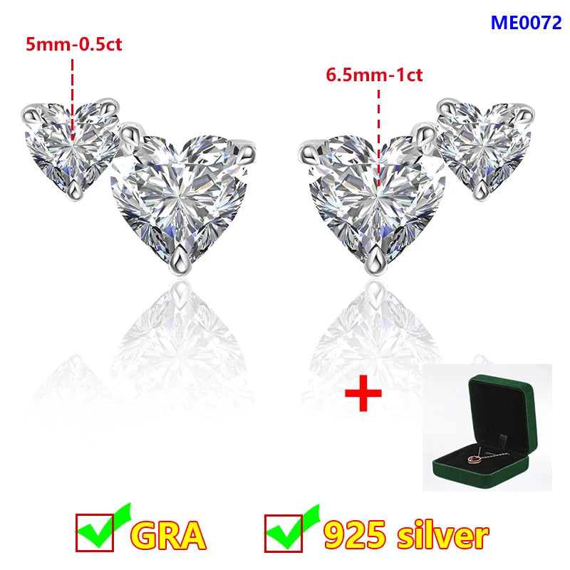 Heart-shaped moissanite earrings with size and quality indicators on a white background