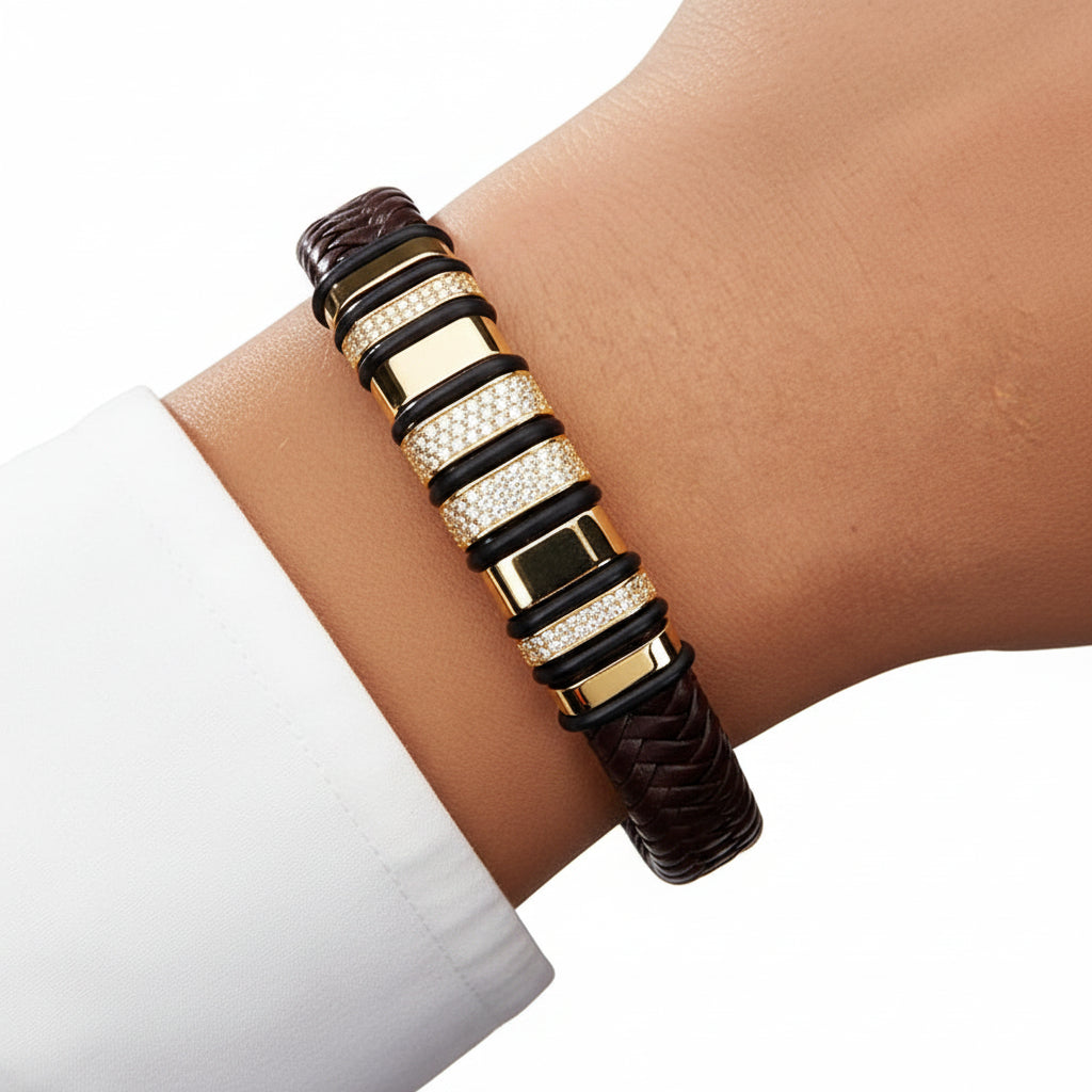 Black leather cuban link bracelet with moissanite and silver gold-plated in a white background