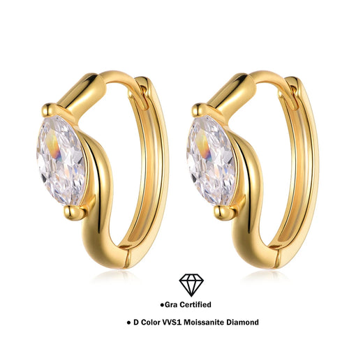 Gold hoop earrings with moissanite gemstones on a white background