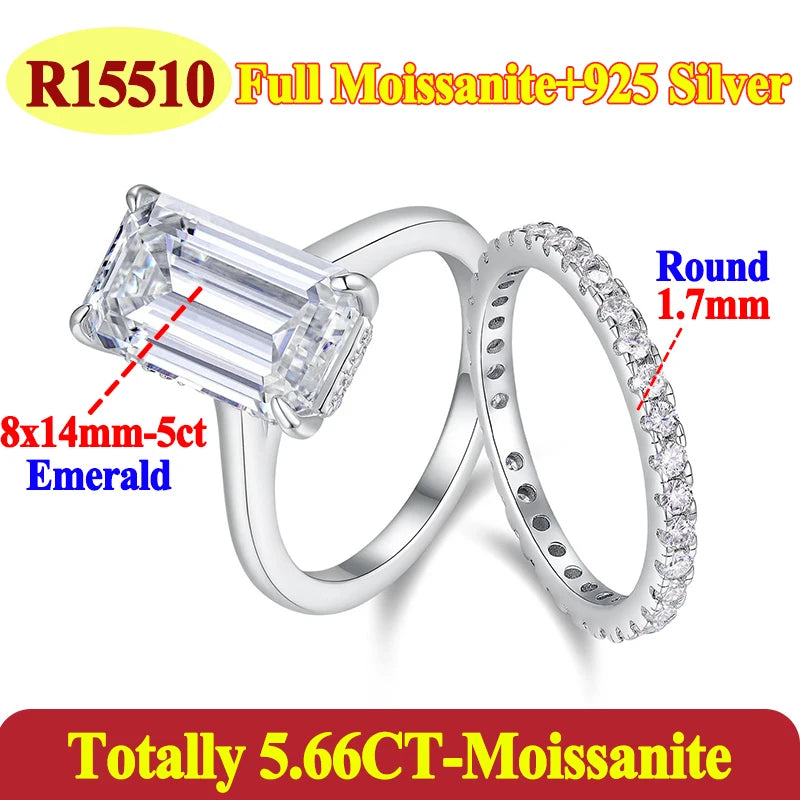 Two silver rings with emerald moissanite gemstones on a white background.