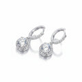 Pair of silver earrings with round gemstones on a white background