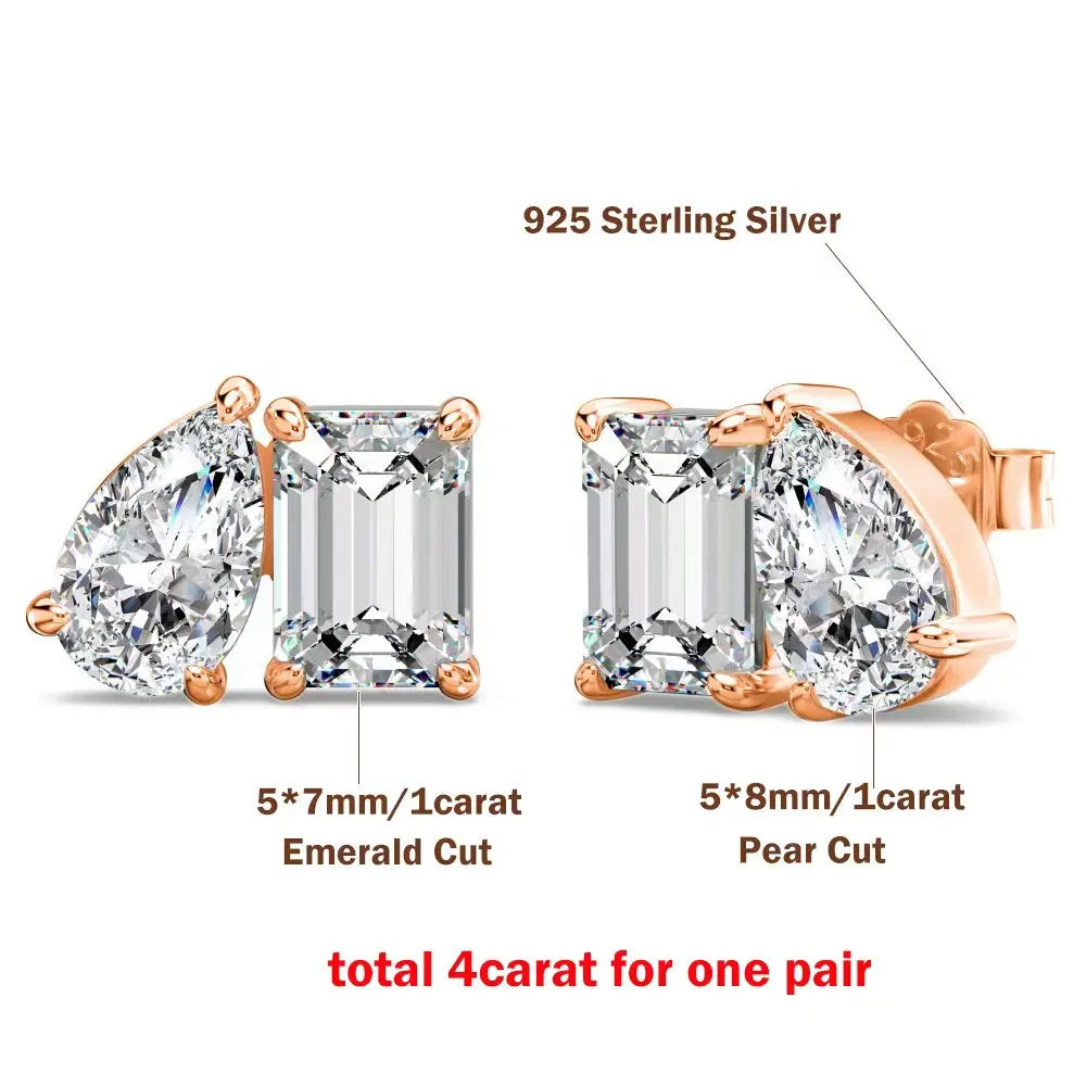 Rose gold earrings with emerald cut and pear cut gemstones on a white background