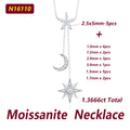 Moissanite necklace with star, sun, and moon pendants on a white background