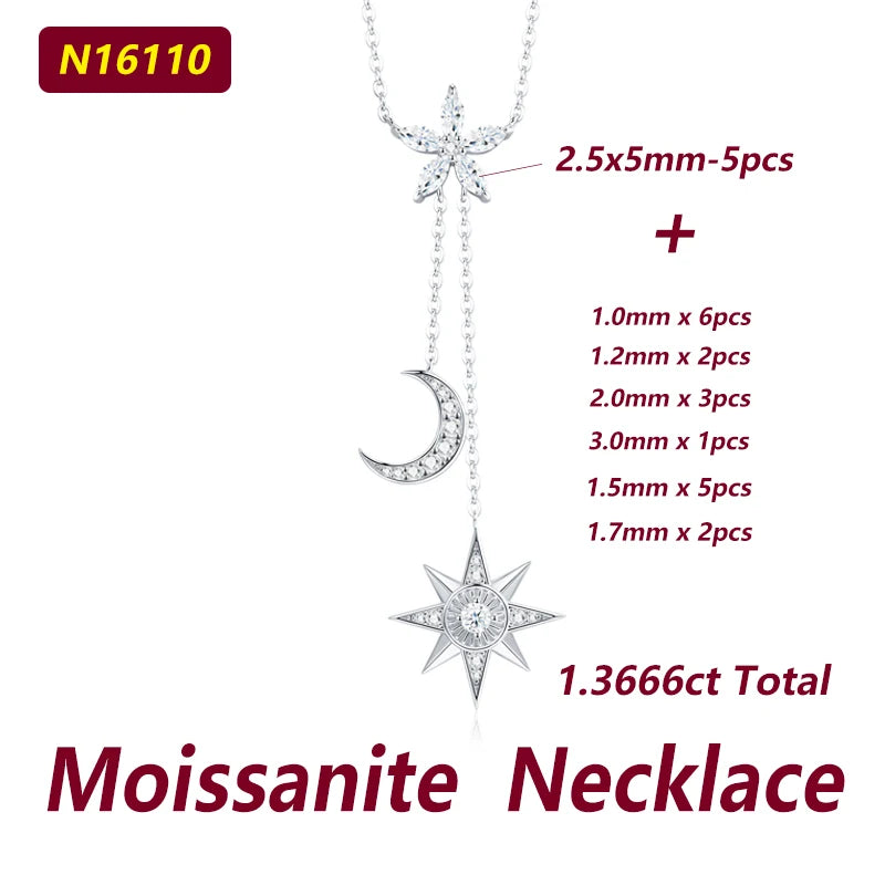 Moissanite necklace with star, sun, and moon pendants on a white background