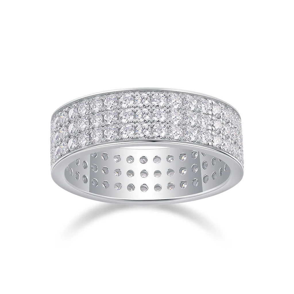 Silver ring with moissanite stones on a white background