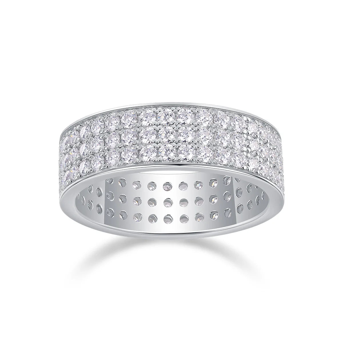 Silver ring with moissanite stones on a white background