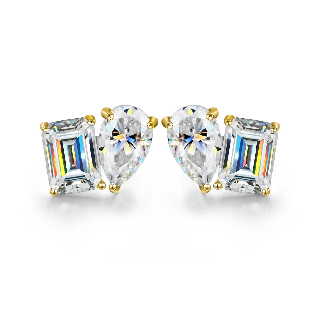 Pair of earrings with moissanite gemstones and gold accents on a white background