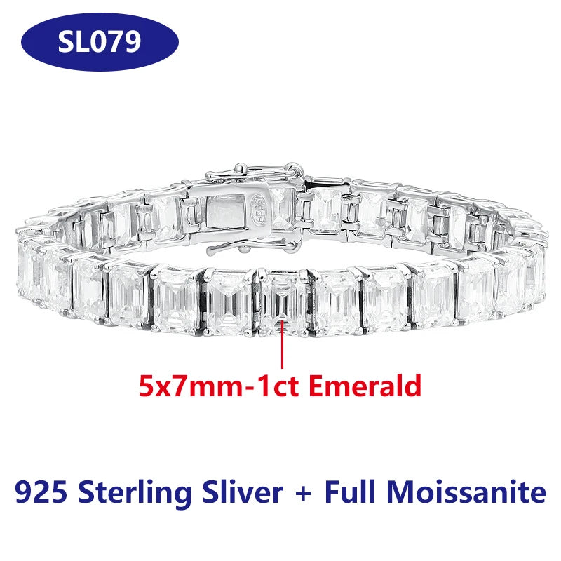 Silver bracelet with emerald-cut gemstones on a white background