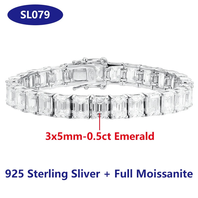 Silver bracelet with emerald-cut moissanite gemstones on a white background
