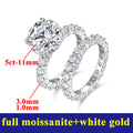 Diamond ring with measurements and 'full moissanite + white gold' text on a white background