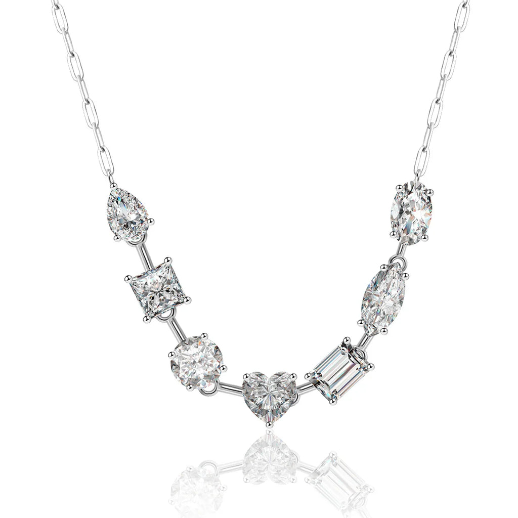 Moissanite diamond necklace with various shaped stones on a white background