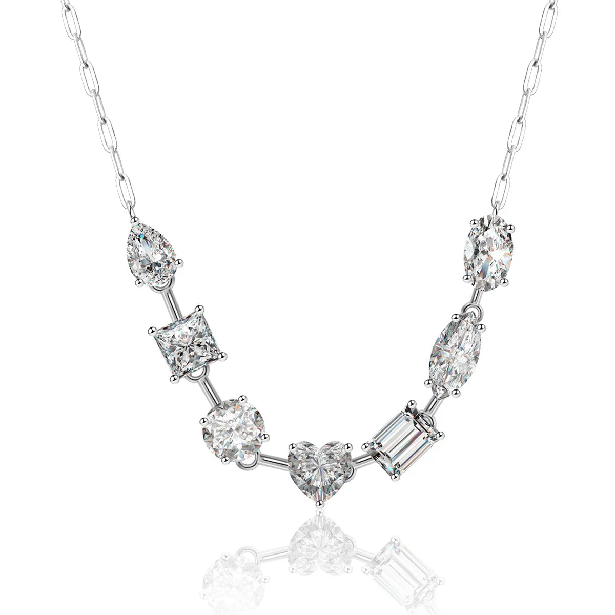 Moissanite diamond necklace with various shaped stones on a white background