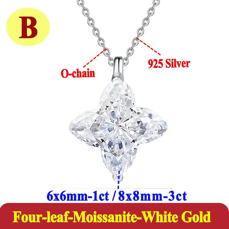 Moissanite diamond necklace with chain details on a white background