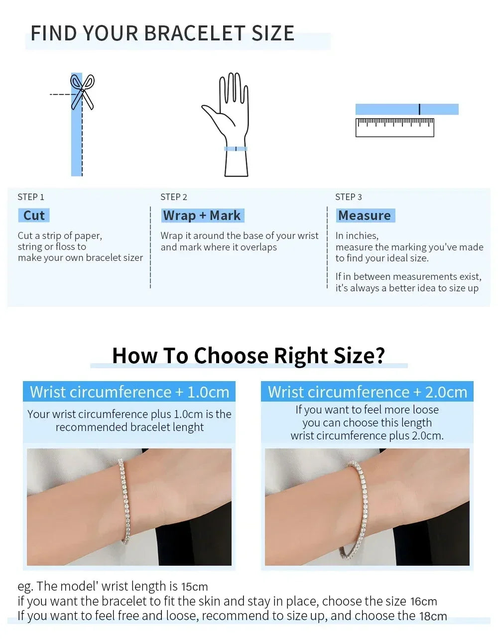 Instructions for finding bracelet size with illustrations and measurements.