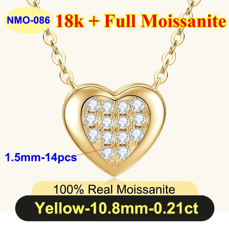 Heart-shaped gold necklace with moissanite stones on a white background