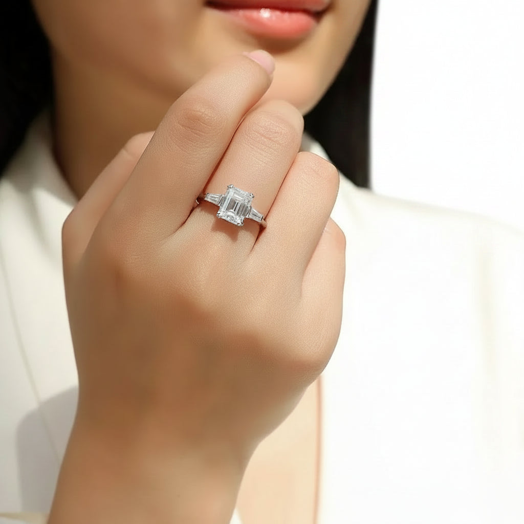 Hand wearing a diamond ring with a blurred white background
