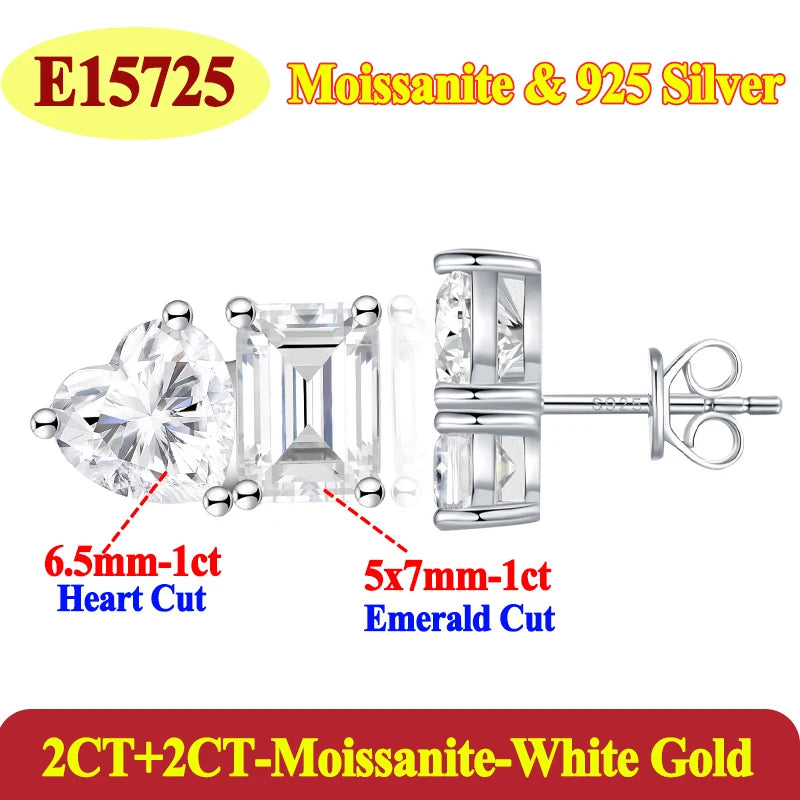 Silver earrings with heart and emerald cut moissanite stones on a white background.