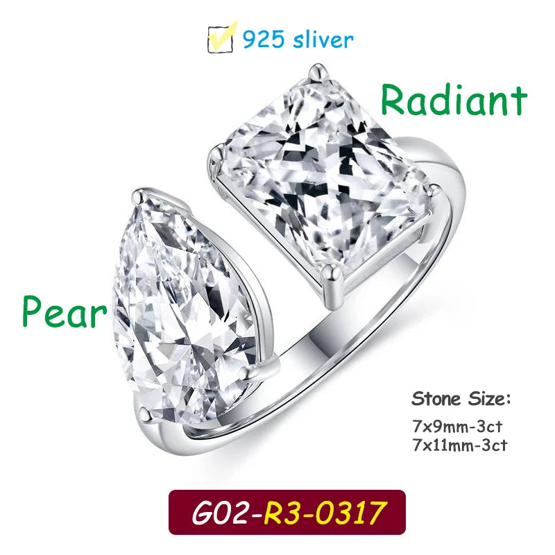 Silver ring with pear-shaped and radiant-cut gemstones on a white background