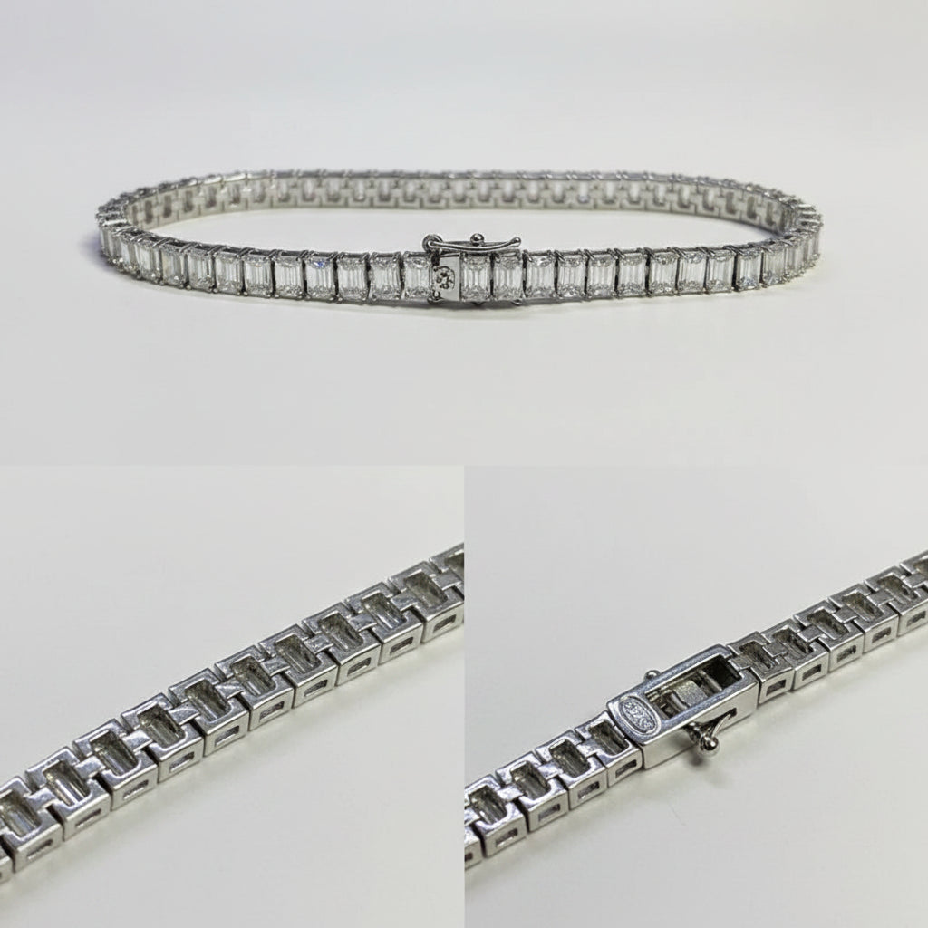 Silver bracelet with diamond accents on a white surface, close-up of clasp and side view.