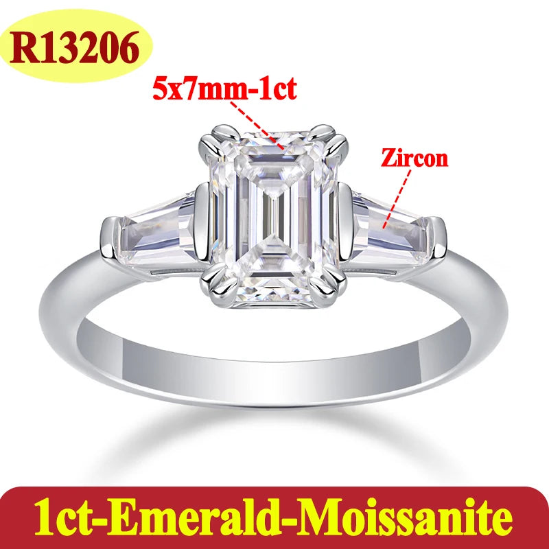 Silver ring with emerald-cut moissanite and zircon stones on a white background